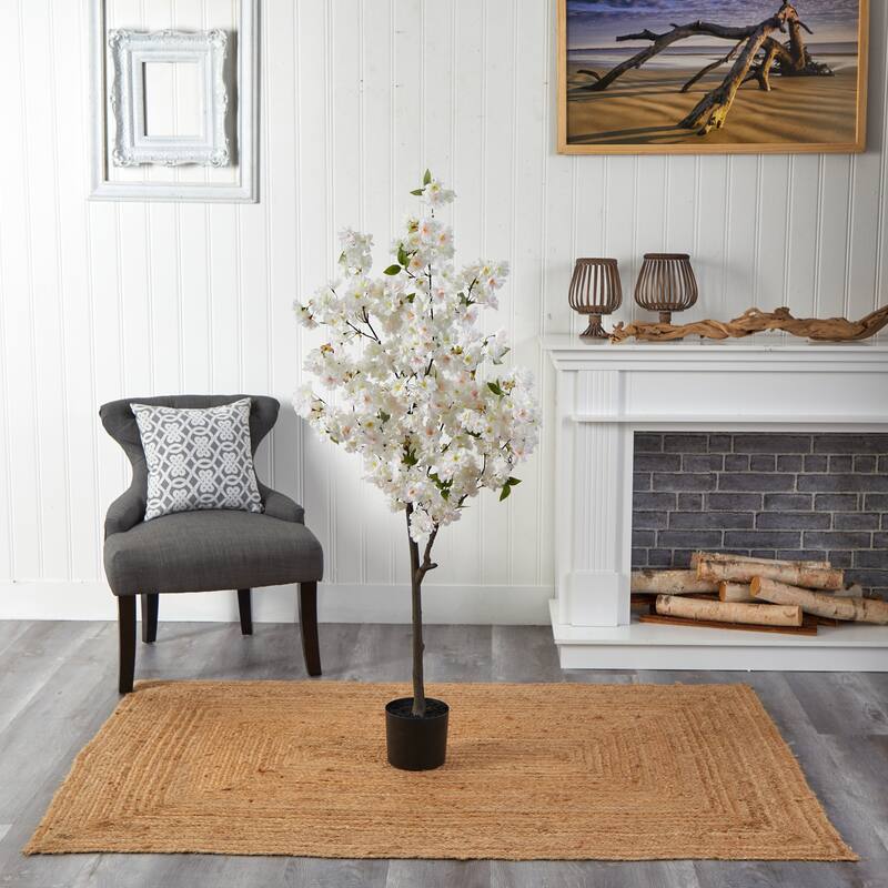 5' White Cherry Blossom Artificial Tree in Black Pot