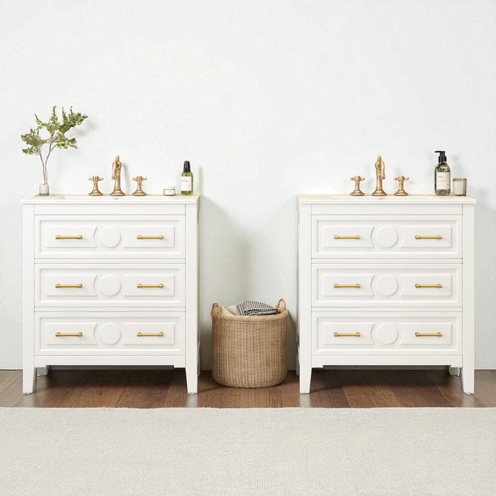 60 Inch Bathroom Vanity with Sink, Solid Wood Cabinet with Ceramic Basin, 3-Drawer Retro Style Storage