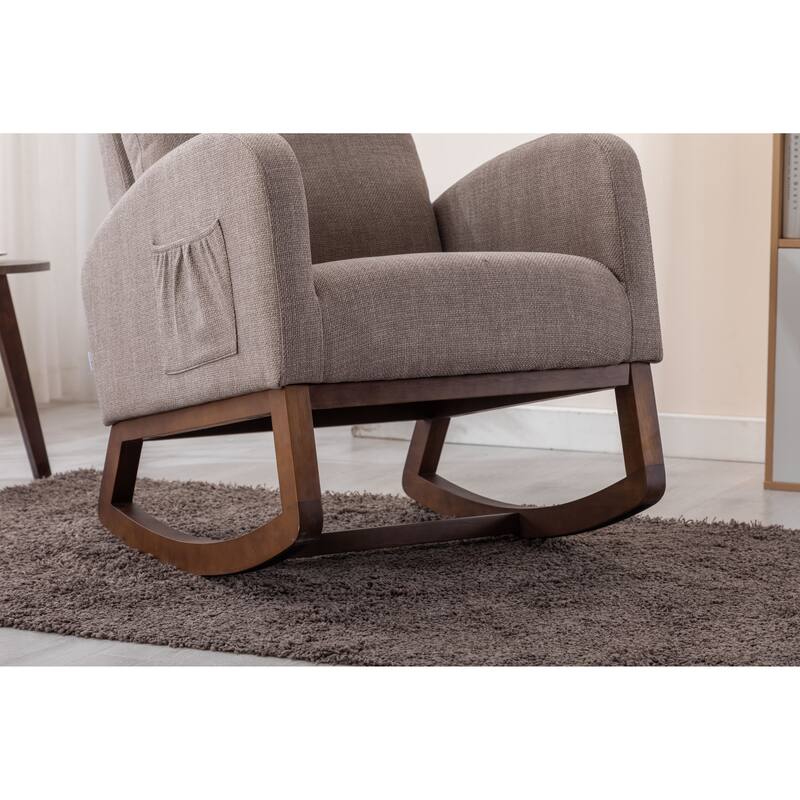 Modern Accent Upholstered Rocking Rocker High Back Arm Chair with Wooden Frame Side & Pockets for Living Room