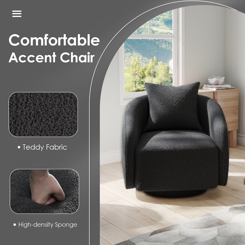 Swivel Accent Chair, Barrel Armchair with Back Pillow & Wood Frame for Living Room, Bedroom, Office