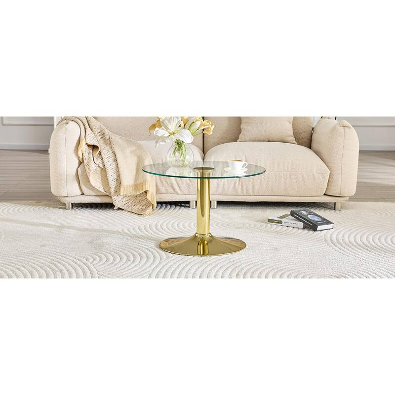 Roomfitters 27.5-Inch Round Tempered Glass Coffee Table, Metal Base, Circular Center Table, Modern Minimalist