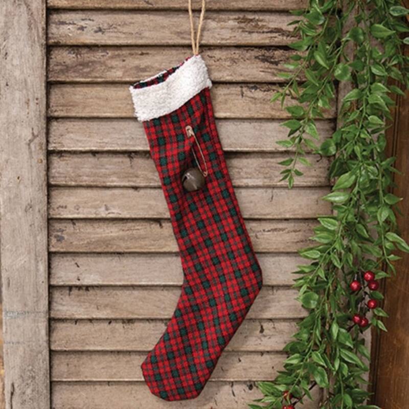 Red Green White Plaid Stocking with Jingle Bell and Jute Hanging Loop - 7.50 x 14 in.