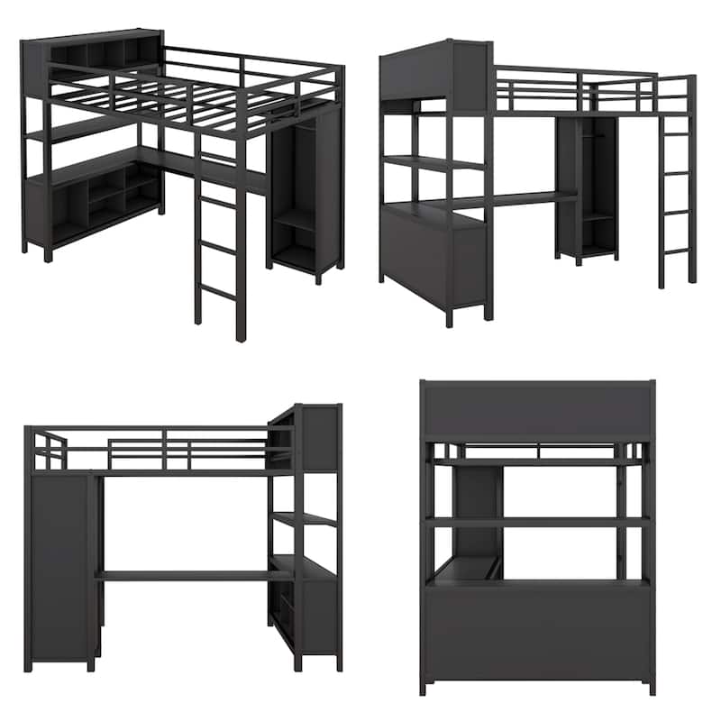Full Size Metal Loft Bed with Wardrobe and L-shaped Desk and Shelves