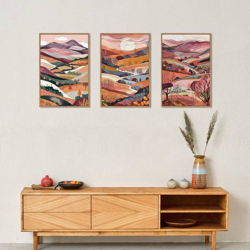 Nature Landscape Painting with Pink Mountains & Forest