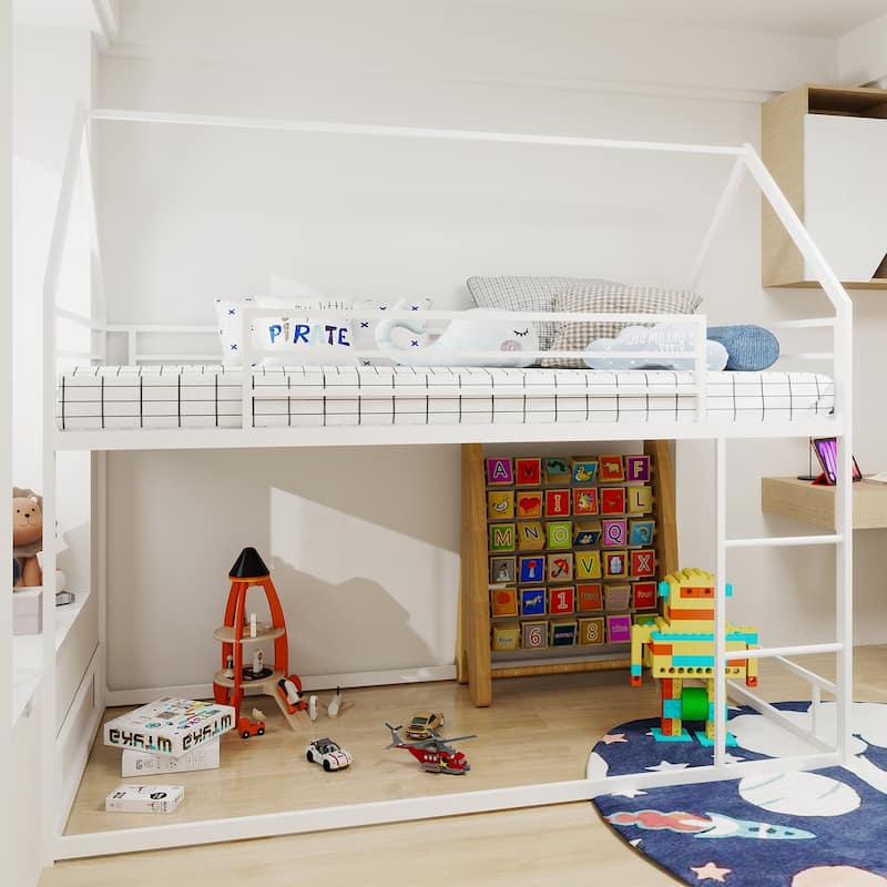 Metal Twin over Twin Bunk Bed Frame with House Roof Frame, Guardrail and Ladder, Lower Bunk Bed without Slats