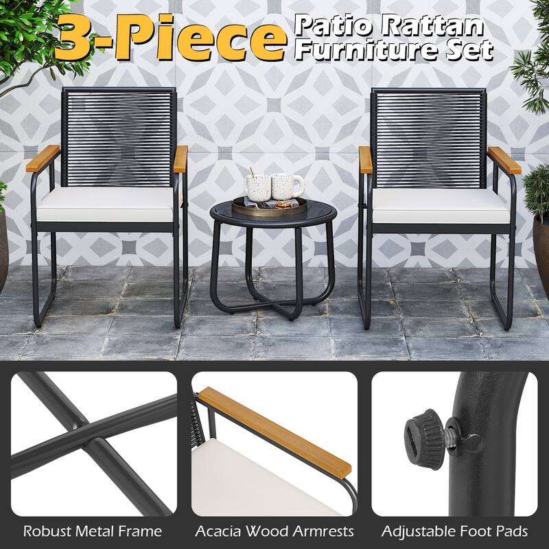 Gymax 3 Pieces Patio Furniture Set PE Wicker Chairs & Side Table