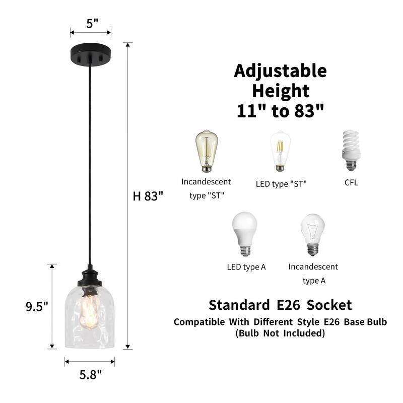 KAWOTI 83" Adjustable Pendant Light with Hammered Glass Shade