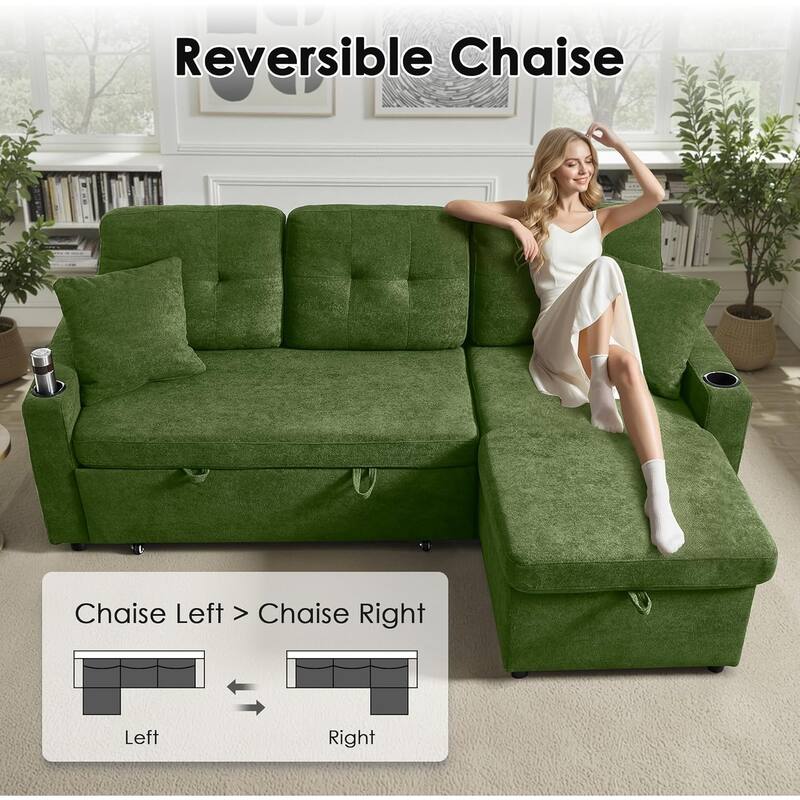 Reversible Sectional Sofa Couch,Sleeper Sofa Bed with Storage Chaise Pull Out Couch for Living Room,USB Charge,Cup Holder