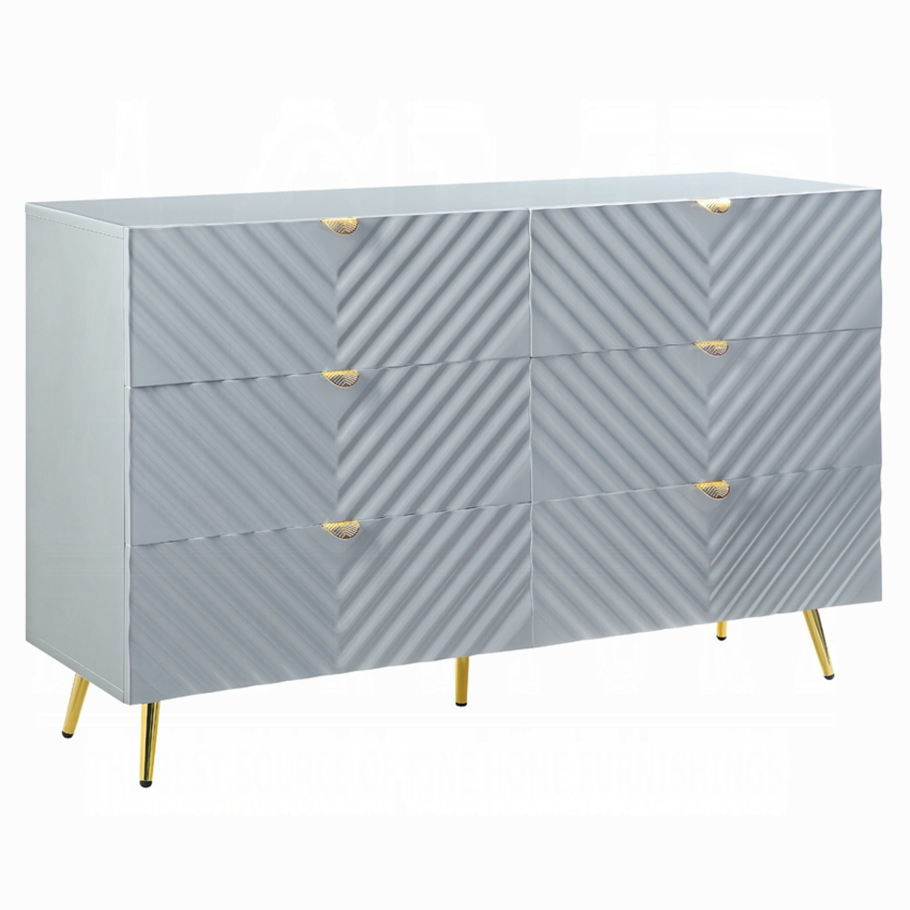Tyra Dresser, 55 Inch, 6 Wave Patterned Drawers with Gold Handles, Gray