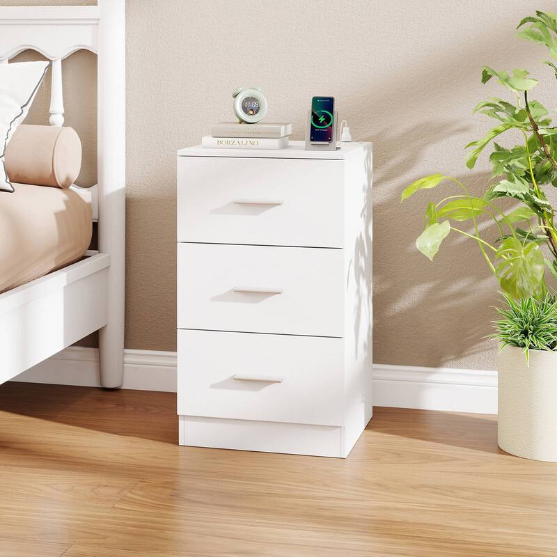 Costway 1/2 PCS Nightstand with Charging Station, 3 Storage Drawers
