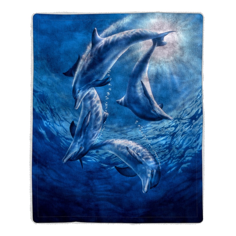 Sherpa Fleece Throw Blanket- Ocean Dolphin Print by Lavish Home - Blue - 60" x 50"