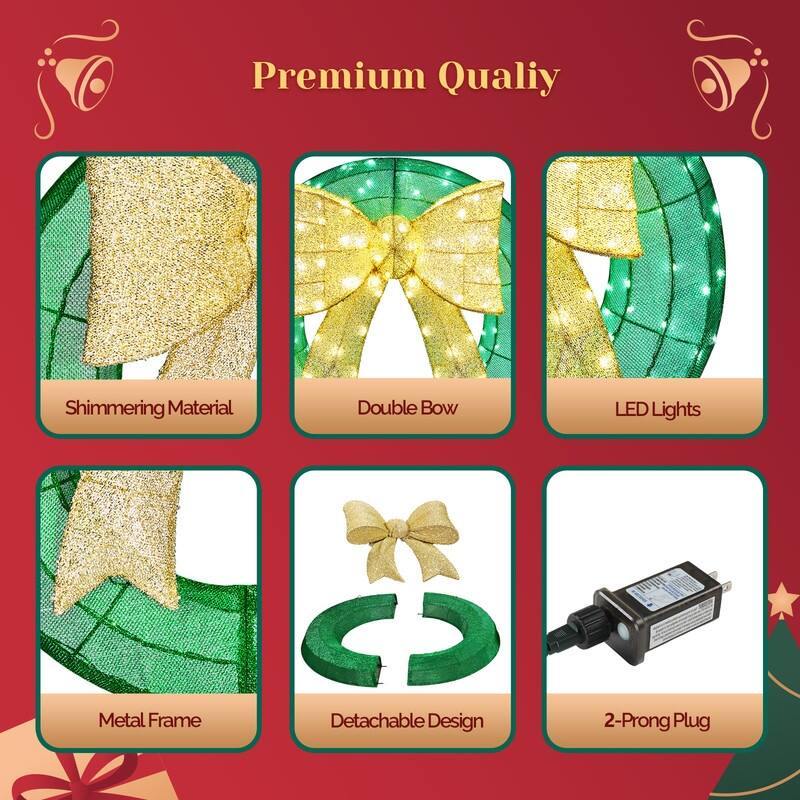 24in Pre-lit Christmas Wreath Decoration, Lighted Metal Wreath,Green and Warm White LED Lights, for Indoor Outdoor Holiday Party