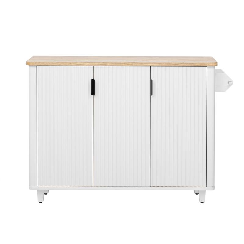 51.30'' Fluted Kitchen Island with Drop Leaf, Rolling Wheels, Internal Storage Rack, and Towel Rack - 51.3'' x 29.5'' x 36.4''