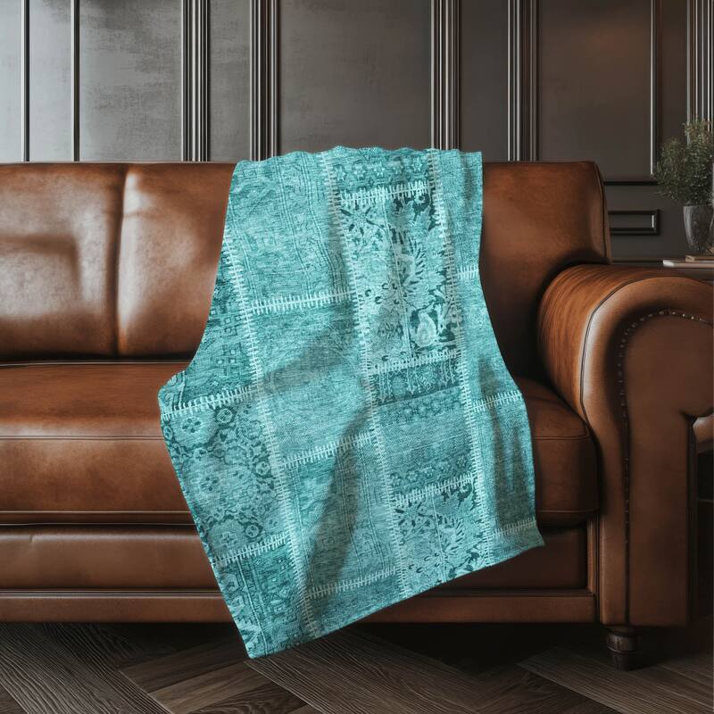 Premium Machine Washable Traditional Patchwork Sherpa Throw Blanket - Turquoise - 4'2" x 5'10"