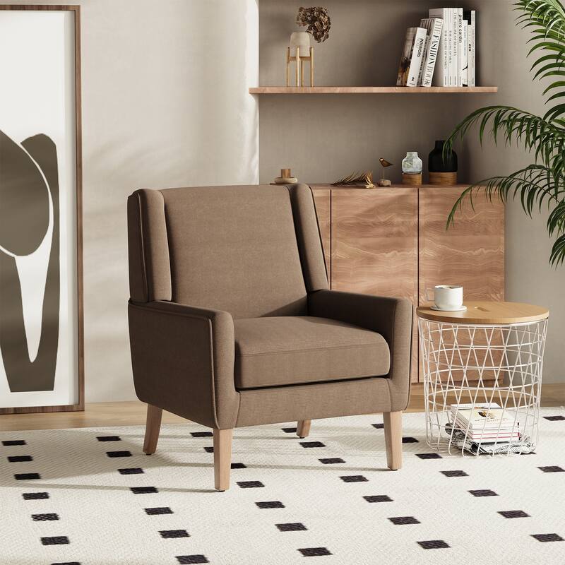 Mid-Century Linen Wing Chair - Tailored Channel Tufting & Walnut Tapered Legs, Compact Accent for Reading Nooks