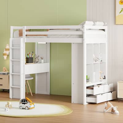 Twin Size Loft Bed with Large Shelves, Writing Desk and LED Light, White