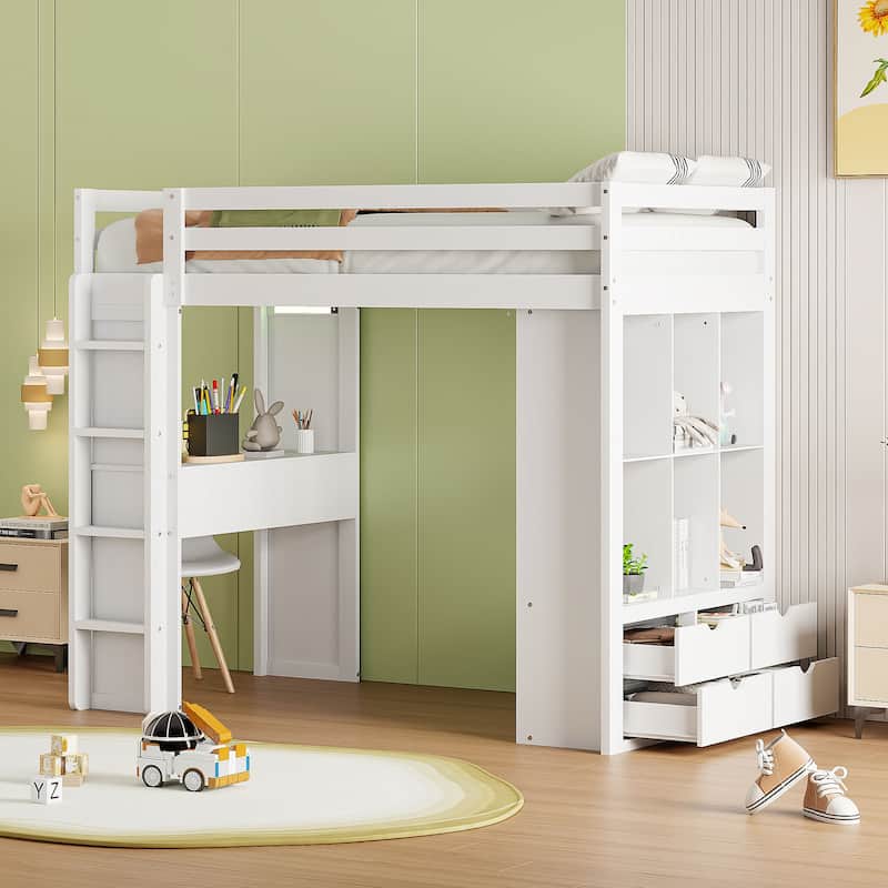 White Twin Loft Bed with Shelves, Desk, and LED Light