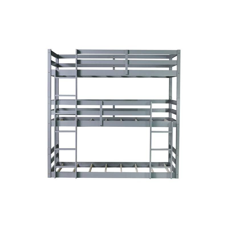 Triple Rubber Wood Bunk Bed with Two Built-in Ladders, Guardrails, Twin over Twin over Twin, Detachable Triple Twin Bunk Bed