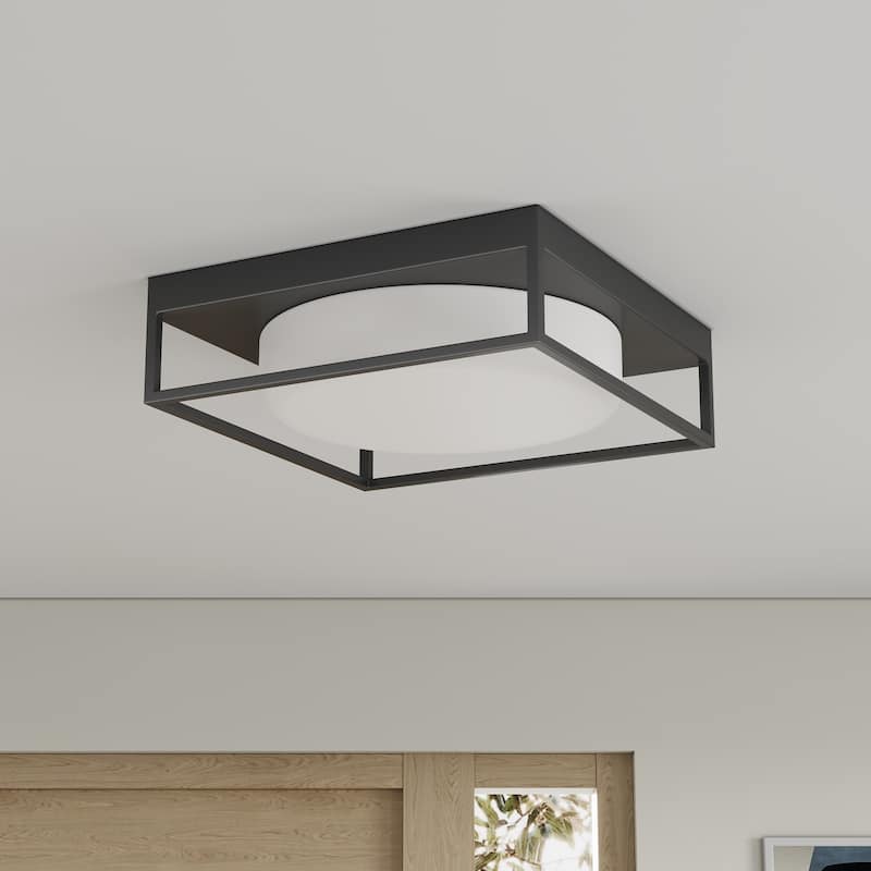 Farmhouse Square Metal Frame Flush Mount Ceiling Light with White Glass Shade