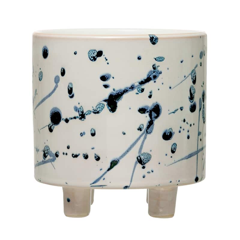 Stoneware Footed Planter with Splatter Design, White & Blue (Holds 5" Pot) - White