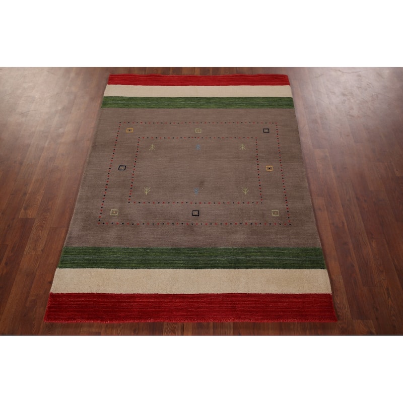 Brown Striped Gabbeh Oriental Accent Rug Handmade Wool Carpet - 3'11"x 5'7"