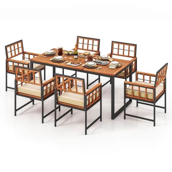 Costway 7 PCS Patio Dining Set Outdoor Acacia Wood Table with Soft - See Details