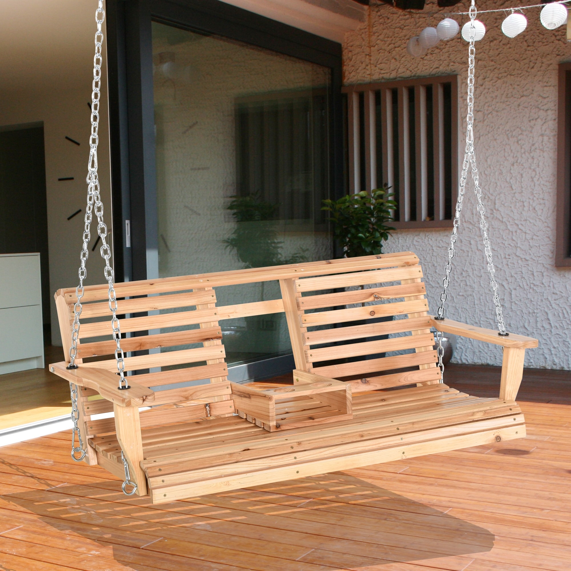 Outsunny 3-Seater Wooden Porch Swing Bench with Folding Coffee Table, Durable PU Coating, Chains Included - 59" x 29.5" x 20.75"