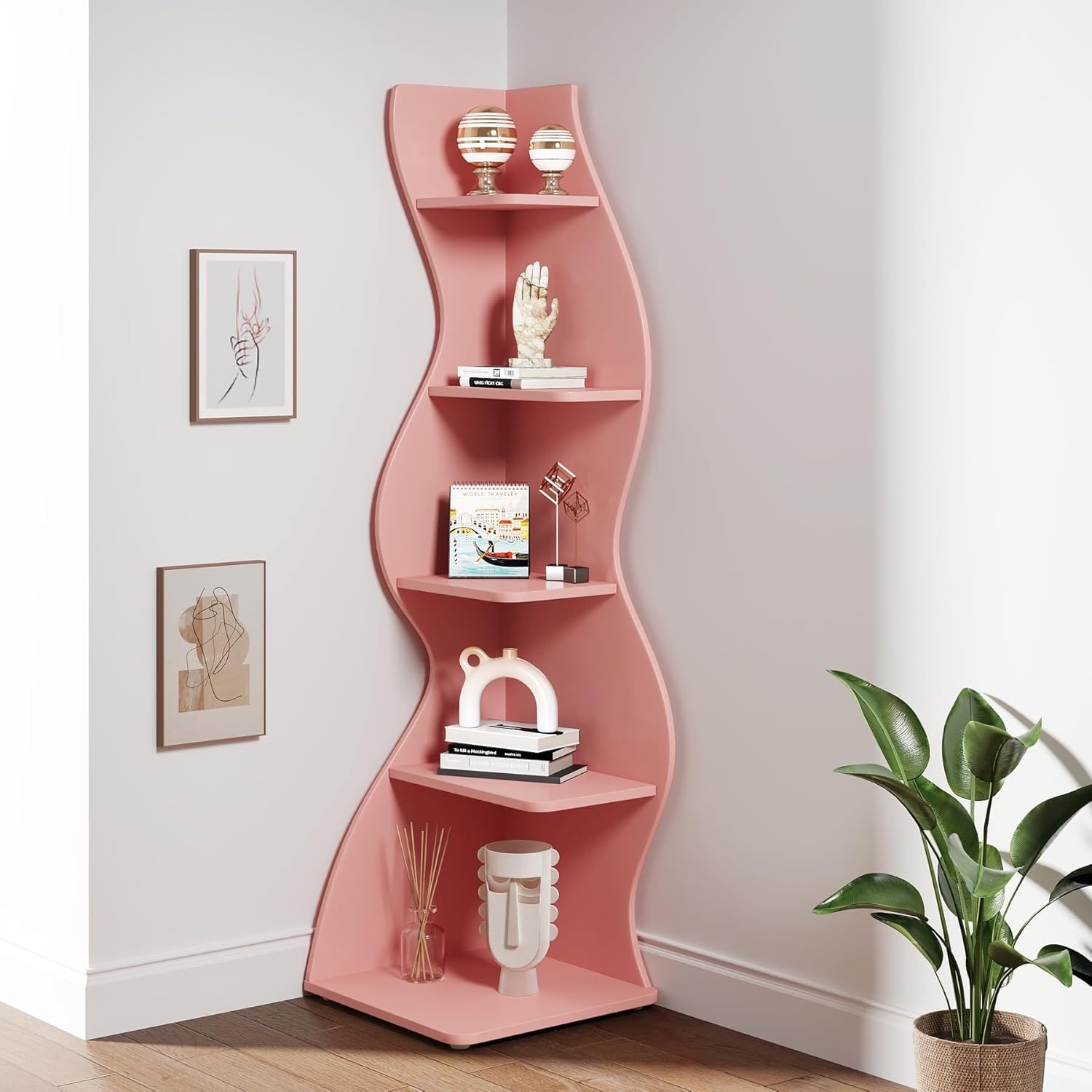 Corner Shelf Bookcase Bookshelf with Unique Shape for Living Room, Home Office
