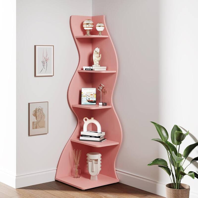 Modern Wood Corner Shelf, 5-Tier Bookshelf Bookcase for Living Room