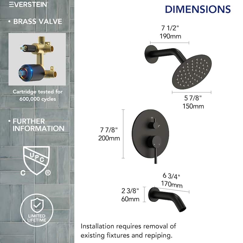 6" Dual-Function Tub and Shower Faucet Set, Modern Tub And Shower Trim Kit Valve Included
