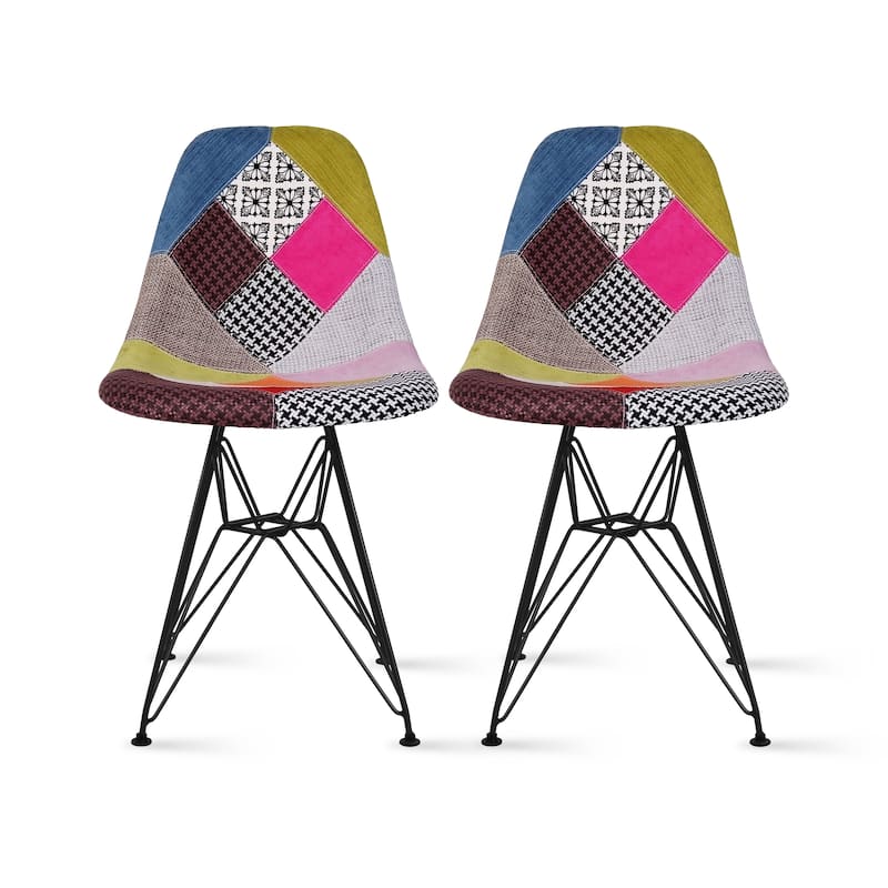 Set of 2 Mid-Century Modern Dining Side Chairs Armless Plastic Shell Seat with Black Metal Wire Eiffel Base, White