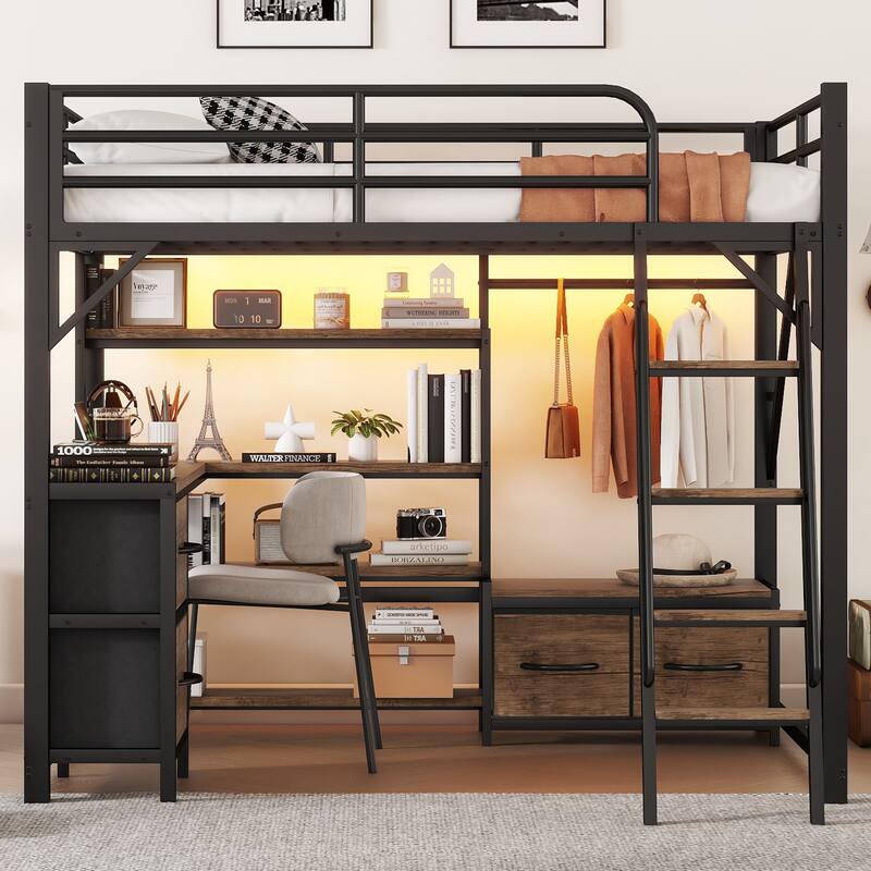 Full Size Loft Bed with Desk, Storage Shelves, Wardrobe, Drawers, and LED Light