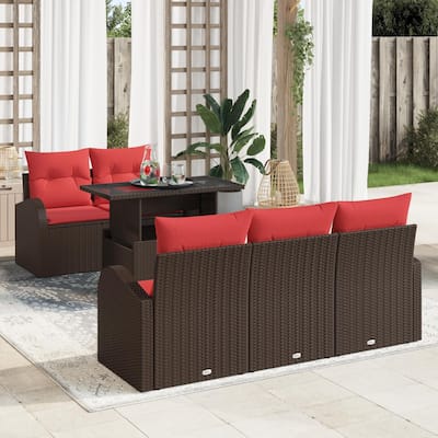 vidaXL 6 Garden Sofa Set with Cushions Black/Brown/Grey Poly Rattan - 70.5 x 24.4 x 27.2