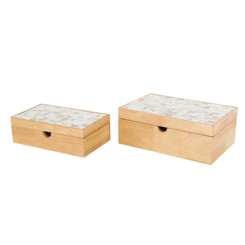 Light Brown Wood Handmade Storage Decorative Box with Seashell Tops (Set of 2) - 8"W x 12"L x 5"H