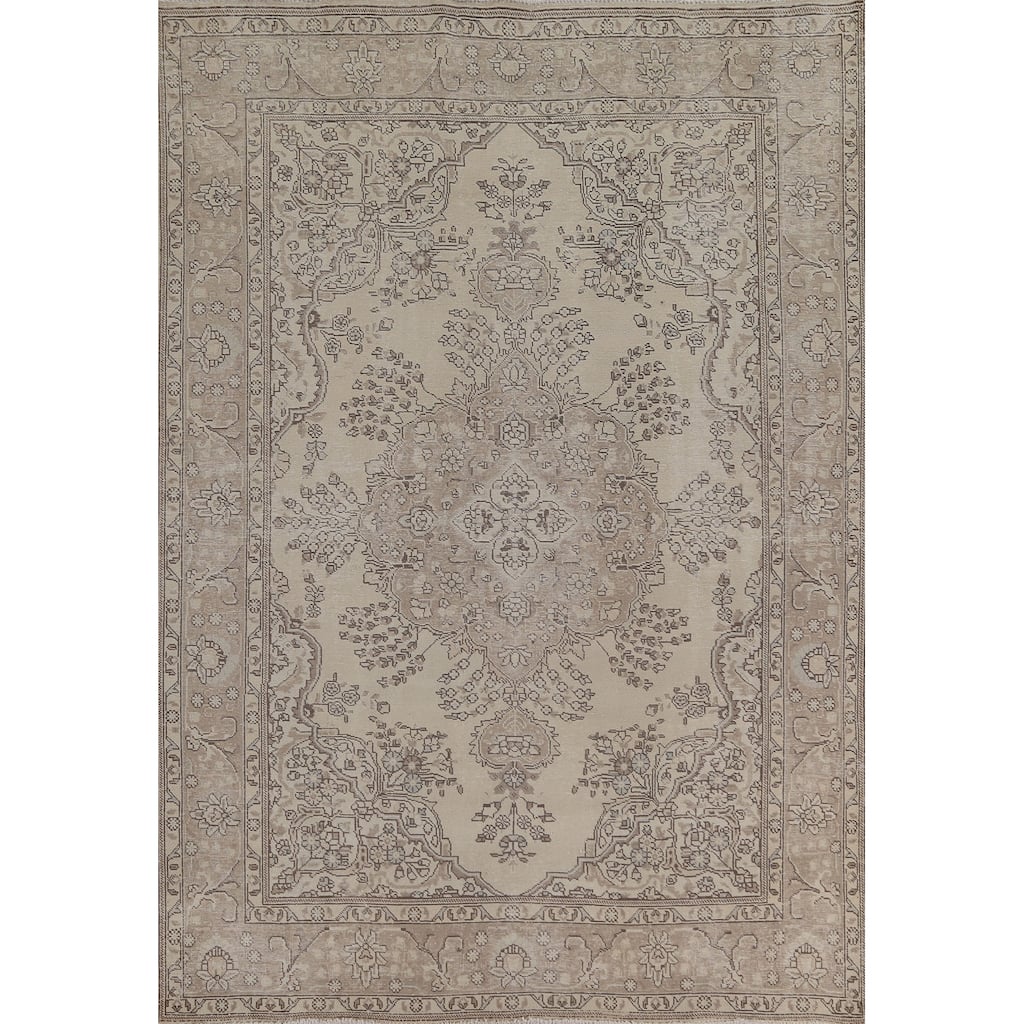Distressed Floral Tabriz Persian Vintage Rug Hand-Knotted Wool Carpet - 6'8"x 9'3"
