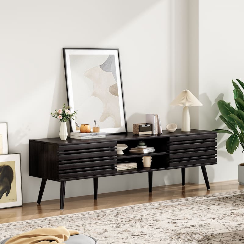 Mid Century Modern TV Stands for up to 70" TV with Storage, Fluted Wood TV Stand for Living Room, Boho Media Console