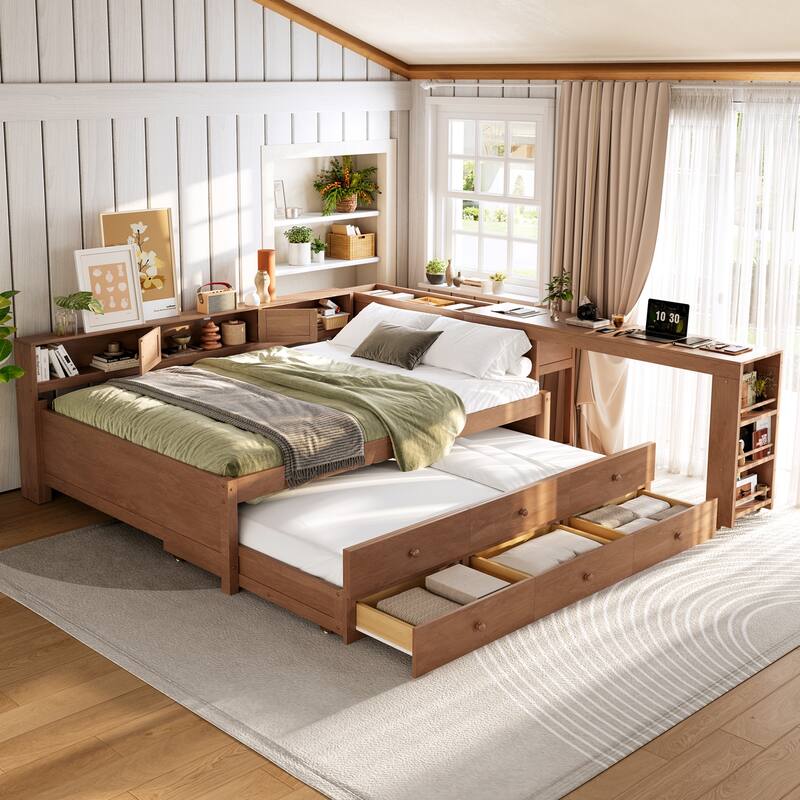 Full/Twin Daybed with Trundle & Storage Drawers - Wood Frame with Side Shelves and Desk