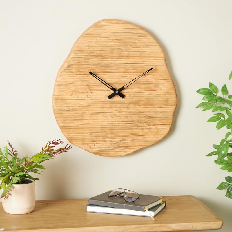 Wood Wavy Decorative Wall Clock with Black Accents - Brown - Roche River Decor - 2"W x 19"L x 20"H