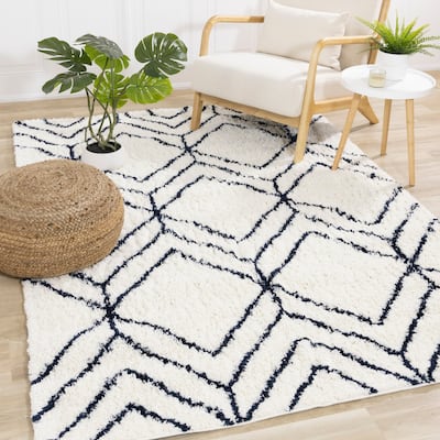 Taylor Collection - Cream Navy Diamonds Shag Area Rug