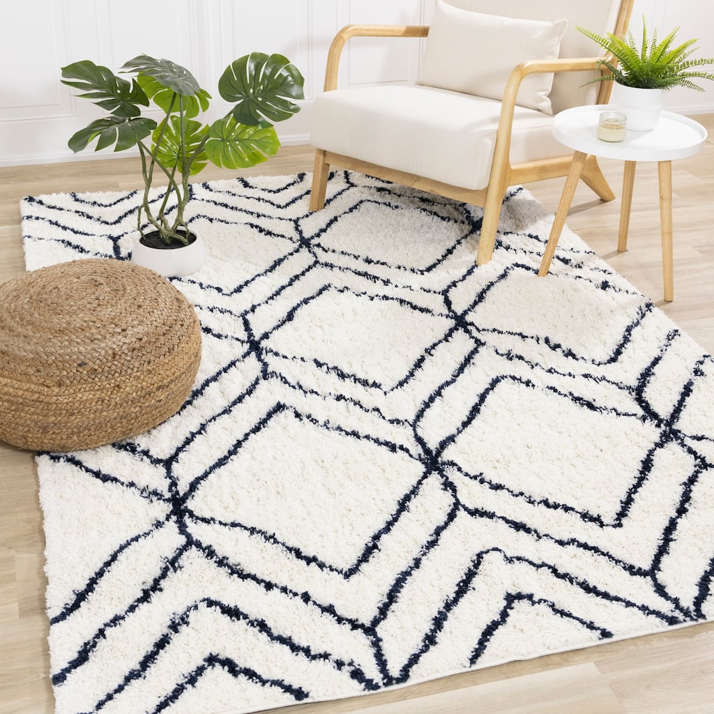 Taylor Collection - Cream Navy Diamonds Shag Area Rug