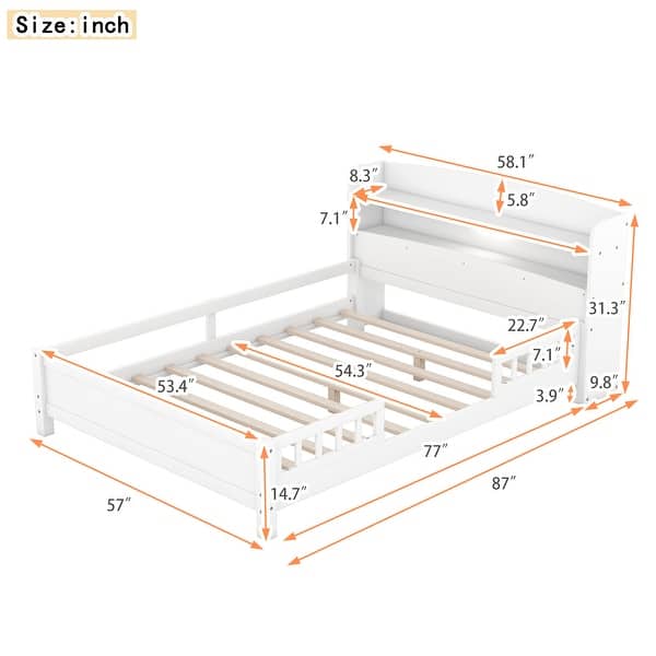 Wood Full Size Platform Bed with LED Light, Storage Headboard, and Guardrail, White