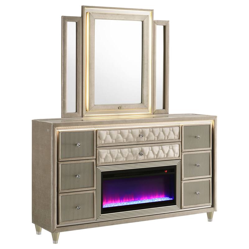 Lorient 8-drawer LED Bedroom Flame Box Dresser Ivory Camel - Dresser with Mirror