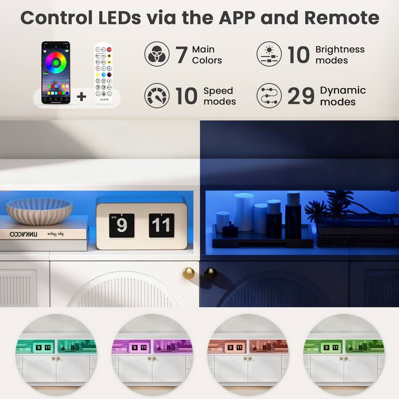 Meyreso 86.6" Modern LED Lighted TV Stand with 4 Open Shelves and Storage Cabinets