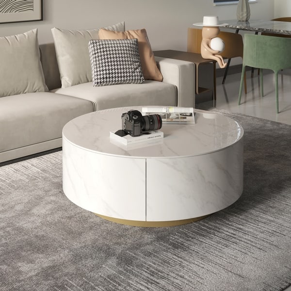 Modern Marble Top Round Coffee Table with Metal Base and 2 Drawers ...