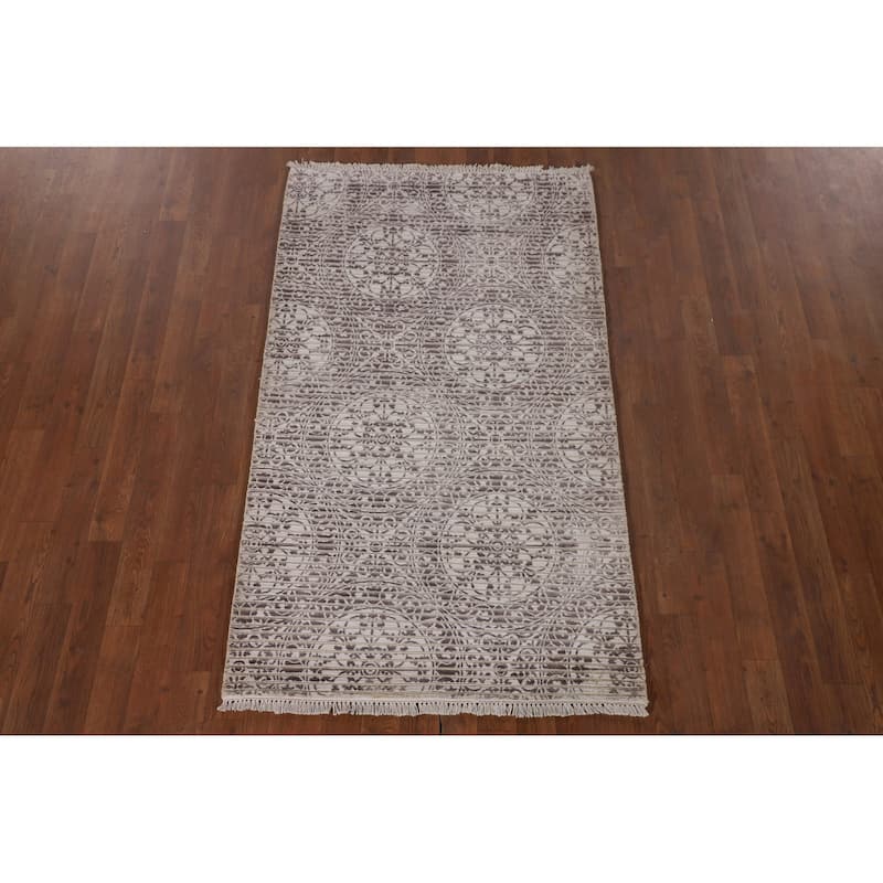 Ivory & Brown Modern Indian Abstract Accent Rug Handmade Wool Carpet - 3'0"x 5'1"