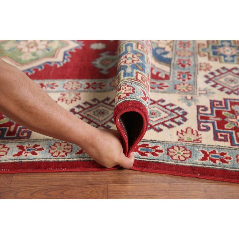 Hand Knotted Oriental 100% Wool Carpet Traditional Geometric Red Kazak Area Rug - 9' 9'' X 6' 7''