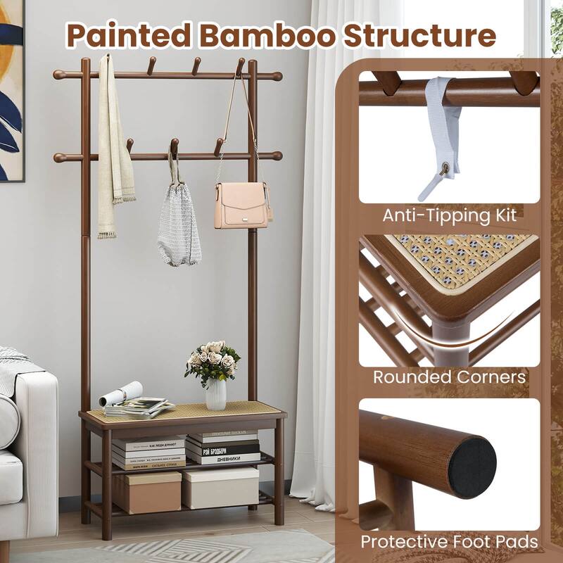 Costway Bamboo Coat Rack with Bench Shoe Storage 2 Hanging Rods 11 - See Details