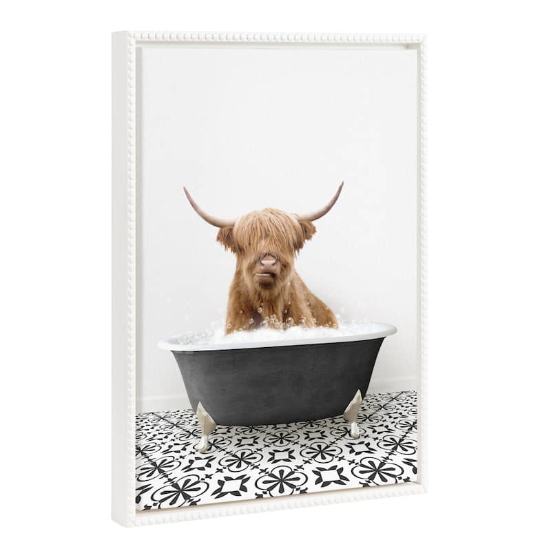 Sylvie Beaded Cow in BW Stencil Bath Framed Canvas by Amy Peterson - 18x24