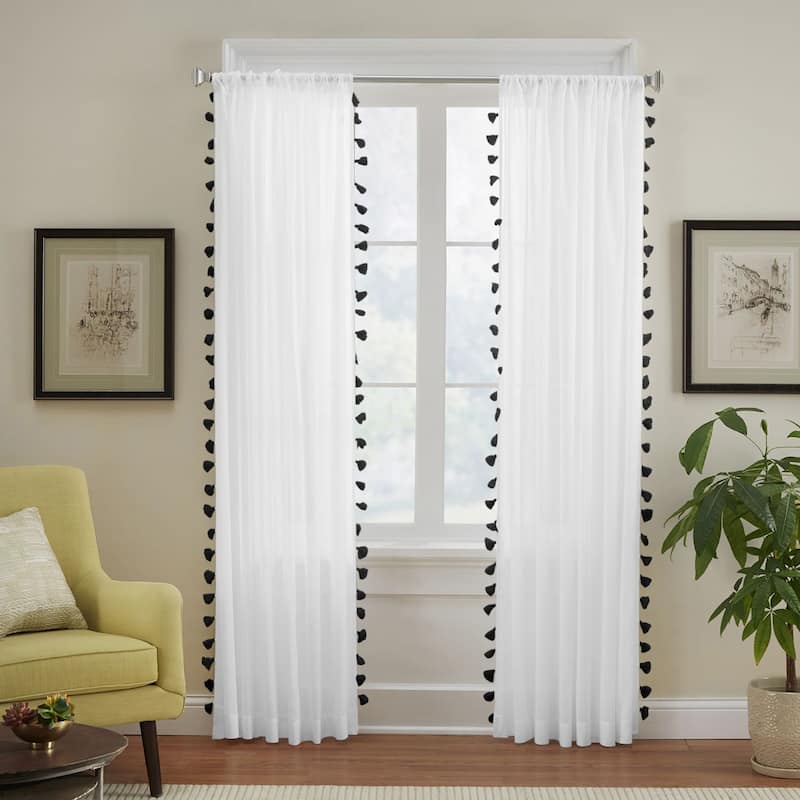 Bianca Semi-Sheer Window Curtain with Tassels - 52" W X 84" L - Black