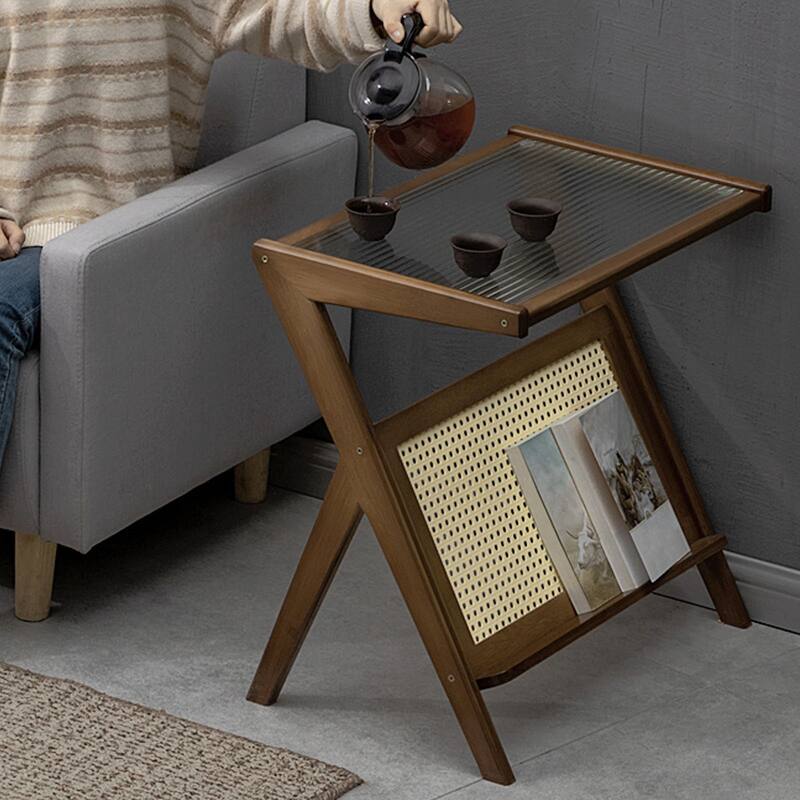 Bamboo Glass Top Side Table Accent End Table with Magazine Rack